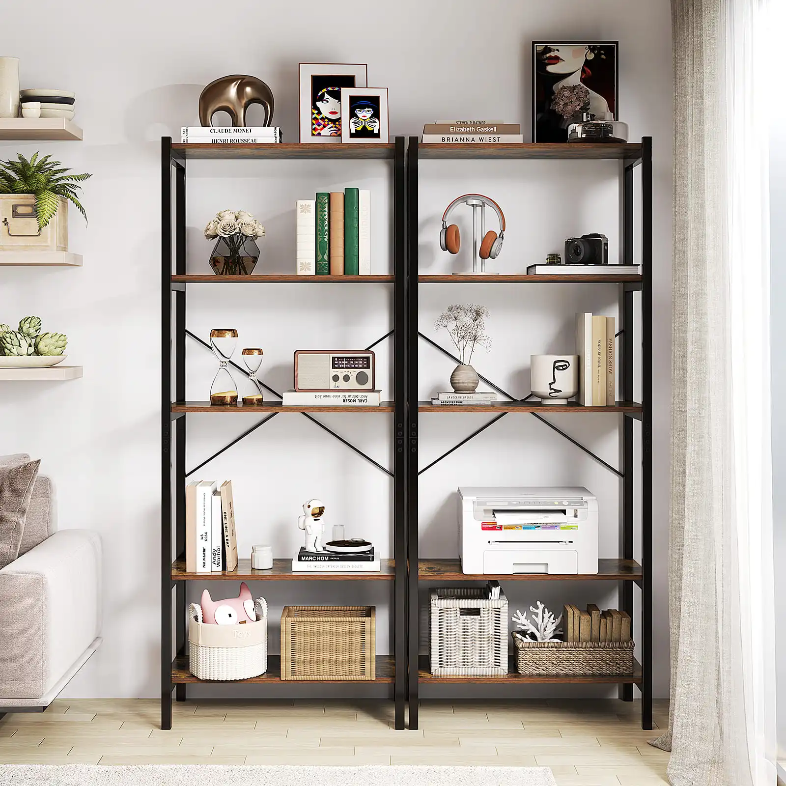 GOFLAME 5-Tier Bookshelf Bookcase Display Rack with Metal Frame-Coffee