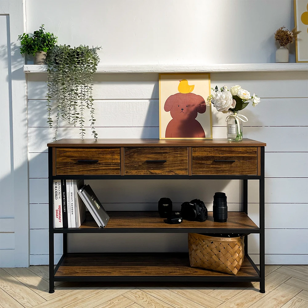 Console Table Narrow Entryway Table Vintage Console Table with Drawers and Shelves For Living Room Hallway Bookshelf