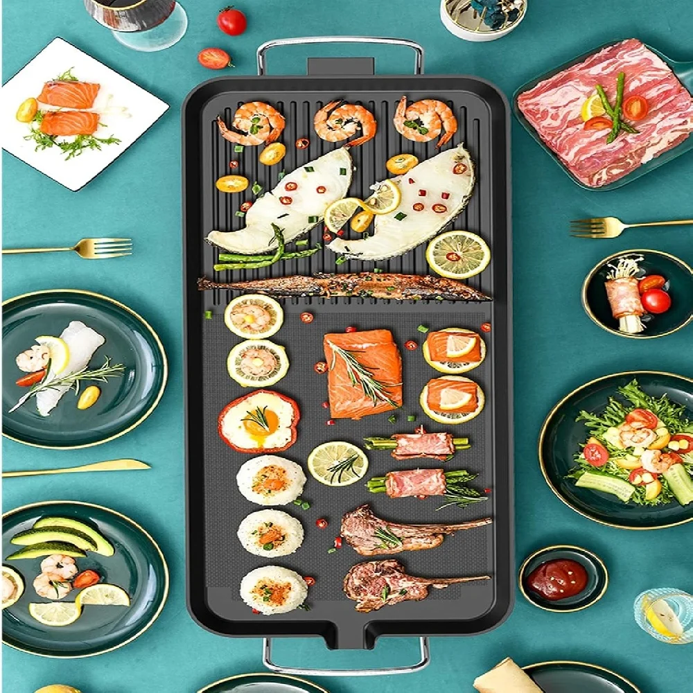 1500W Large Electric Health Food Grill Teppanyaki Grill with 5 Temperature Control for Kitchen Dinner Party Camping 73*28*8CM