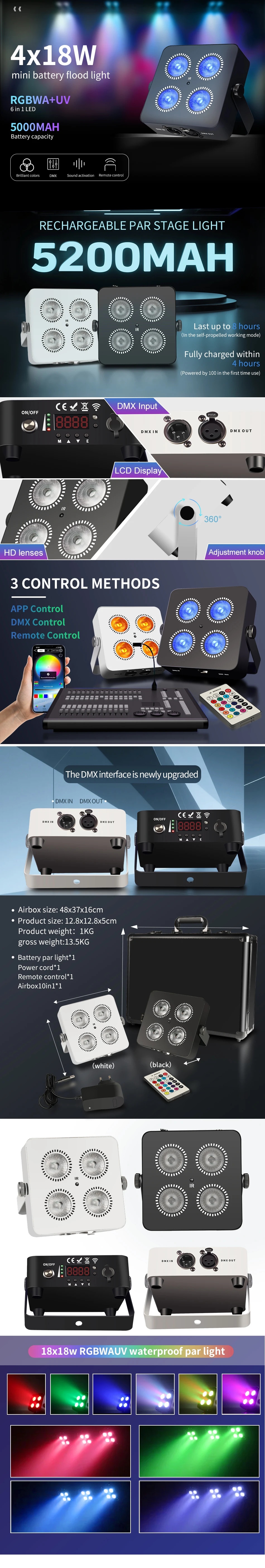 DMX LED 4x18W RGBWA UV 6IN1 Color Battery Wireless  Led Par Light Mini Battery Party Light 2.4G Wireless
