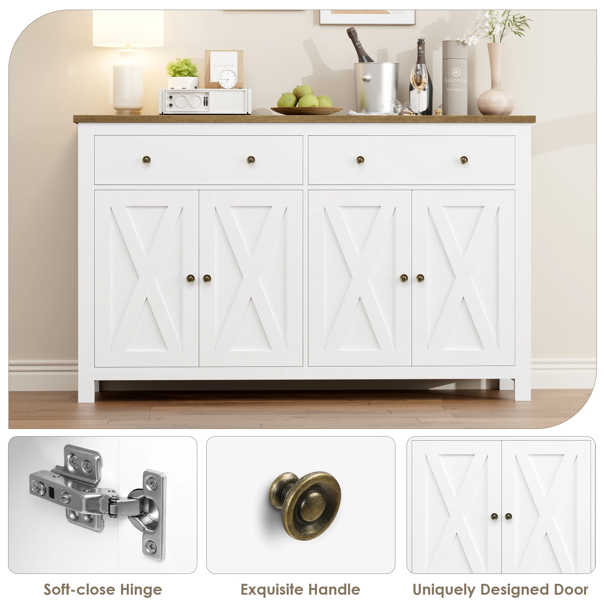 Getone Large Sideboard, Kitchen Sideboard Storage Cabinet with 2 Drawers 4 Doors for Living Room Dining Room White 140x40x89cm