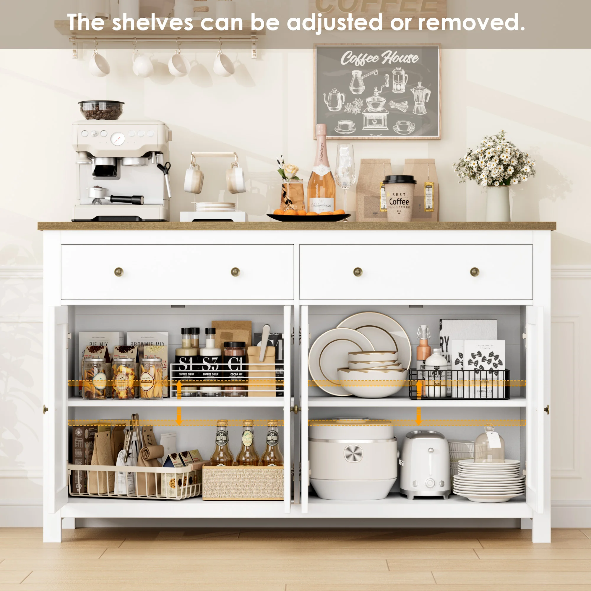 Getone Large Sideboard, Kitchen Sideboard Storage Cabinet with 2 Drawers 4 Doors for Living Room Dining Room White 140x40x89cm