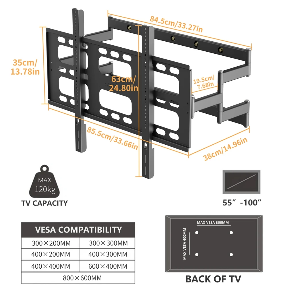 Full Motion TV Wall Mount for 55-100 Inches LED LCD TV Bracket Swivel Dual Articulating Arm
