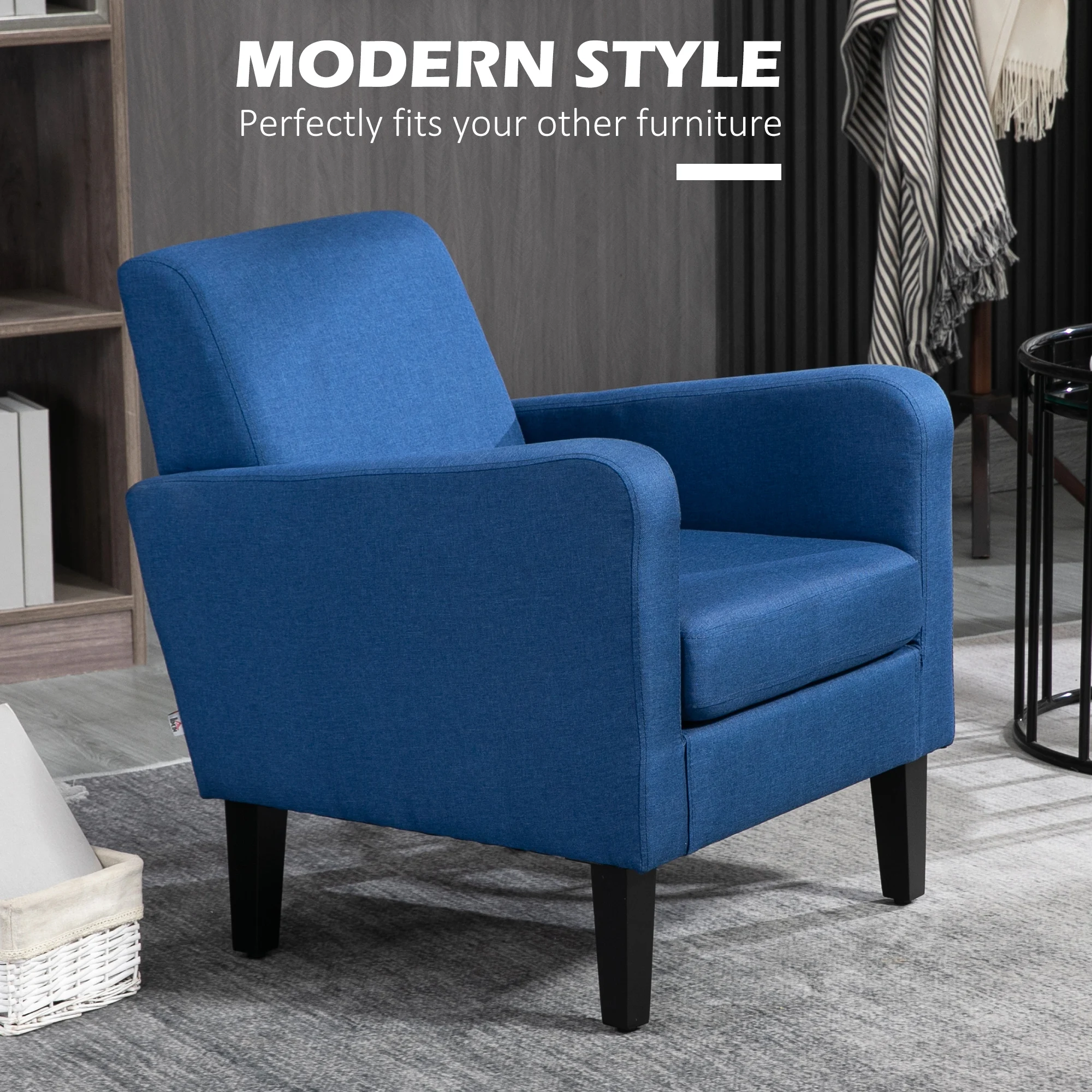 HOMCOM Modern Armchair Accent Chair with Rubber Wood Legs for Bedroom