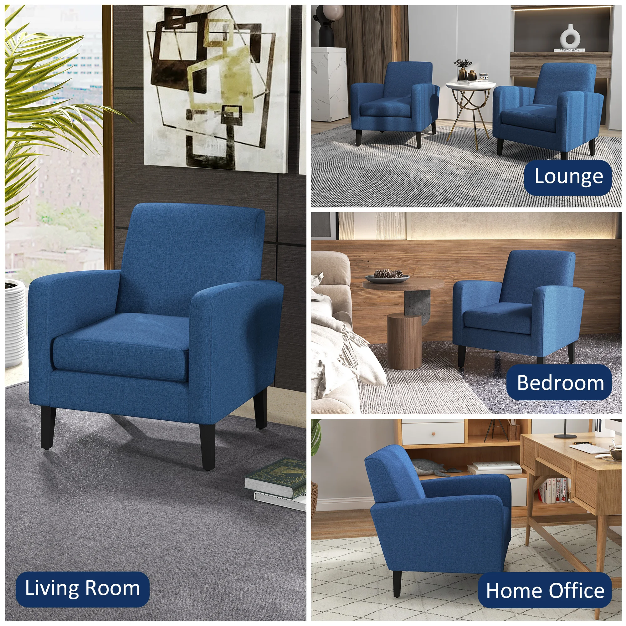 HOMCOM Modern Armchair Accent Chair with Rubber Wood Legs for Bedroom