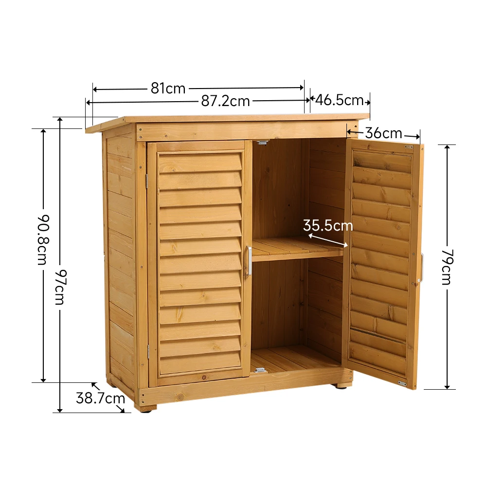 Outdoor Solid Wood Garden Storage Cabinet with Waterproof Asphalt Roof & Louver Doors, Natural Fir Wood Tool Shed for Patio/Yard
