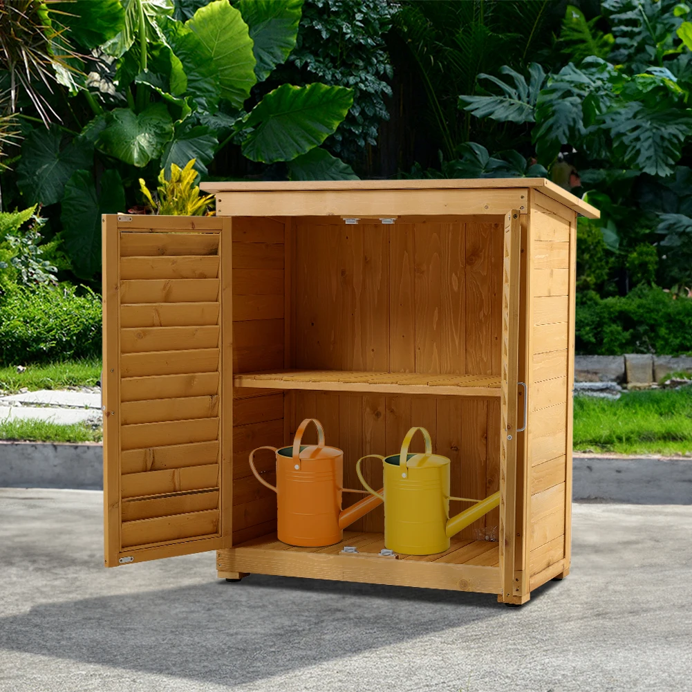 Outdoor Solid Wood Garden Storage Cabinet with Waterproof Asphalt Roof & Louver Doors, Natural Fir Wood Tool Shed for Patio/Yard