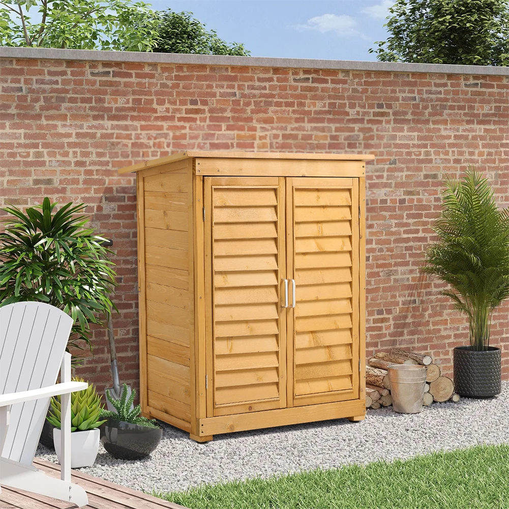 Outdoor Solid Wood Garden Storage Cabinet with Waterproof Asphalt Roof & Louver Doors, Natural Fir Wood Tool Shed for Patio/Yard