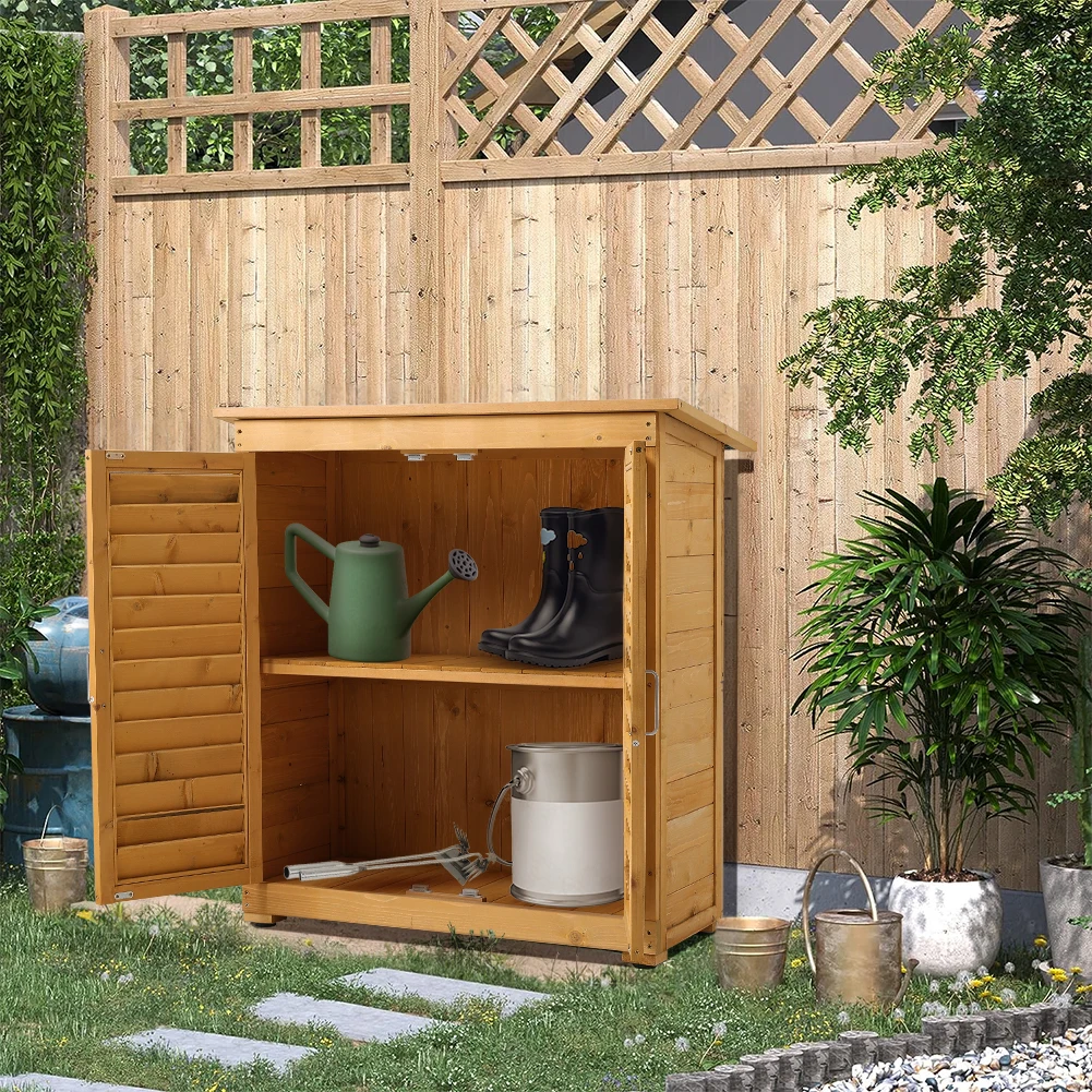 Outdoor Solid Wood Garden Storage Cabinet with Waterproof Asphalt Roof & Louver Doors, Natural Fir Wood Tool Shed for Patio/Yard