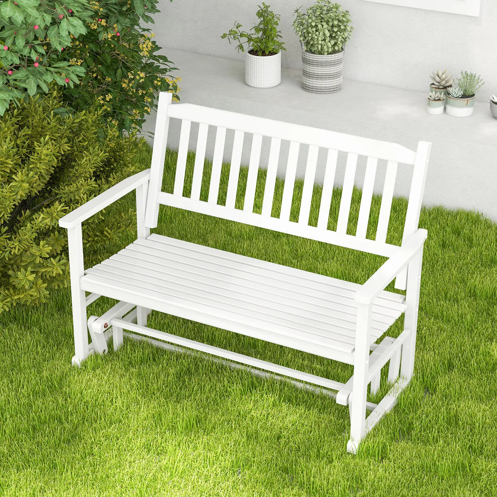 GOFLAME 2 Seats Outdoor Glider Bench Poplar Wood Patio Swing Glider Loveseat Chair