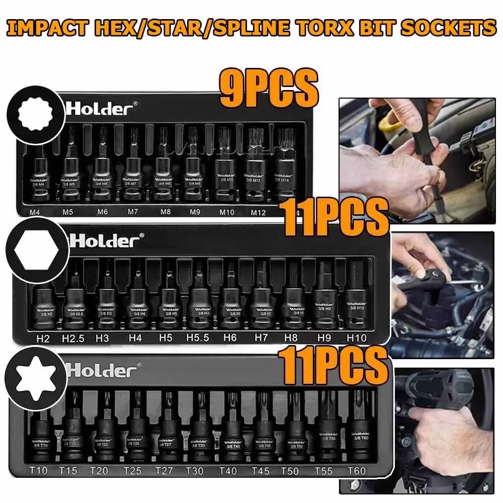 31Pcs Impact Hex Torx Star Spline Bit Sockets Set 3/8" Drive Short Reach Allen Star CR-V S2 Steel Garage Repair Tools Kit