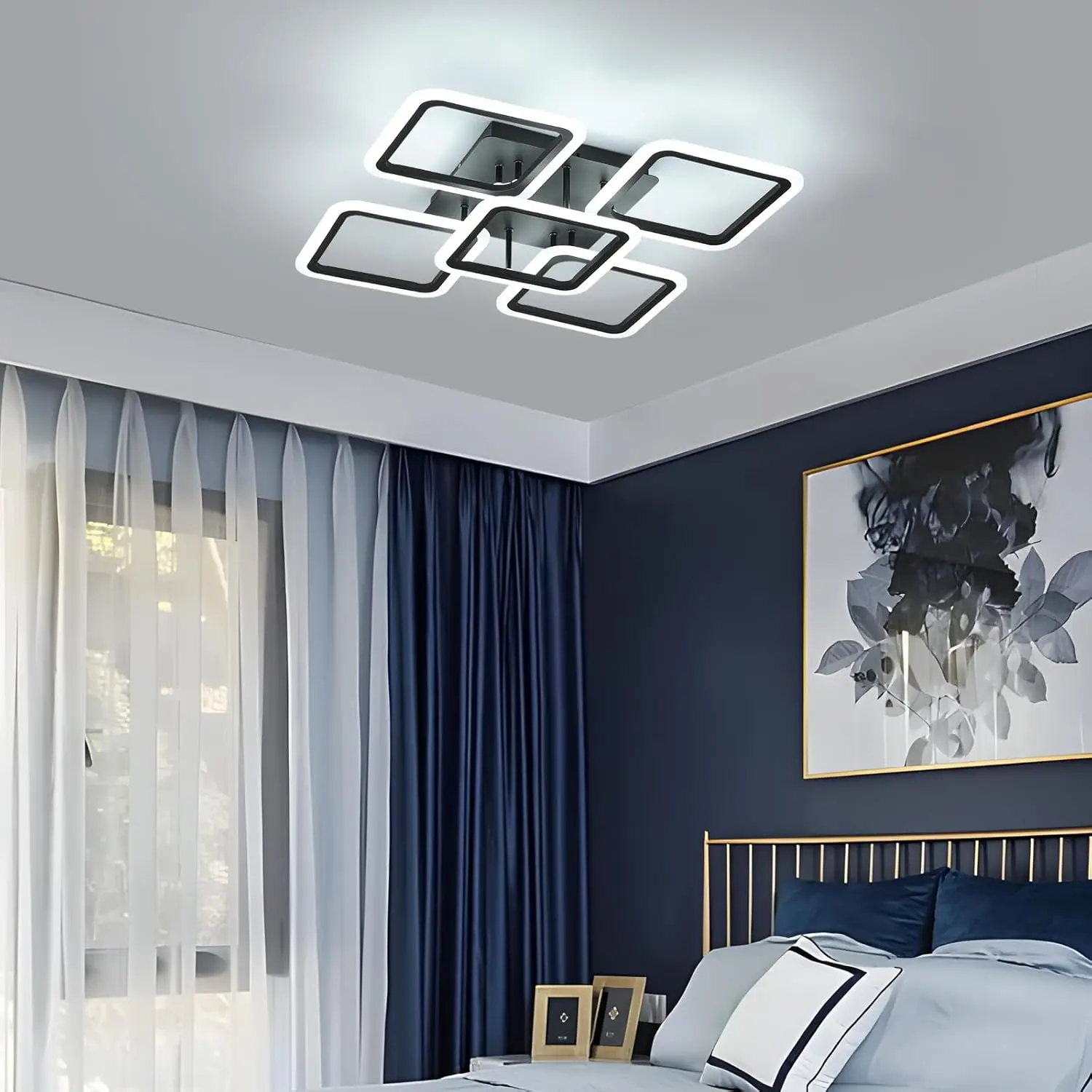LED Ceiling Adjustable Ceiling Light, Black Square Ceiling Lamp Cold White 6500K Memory Function for Living Room Bedroom Dinning
