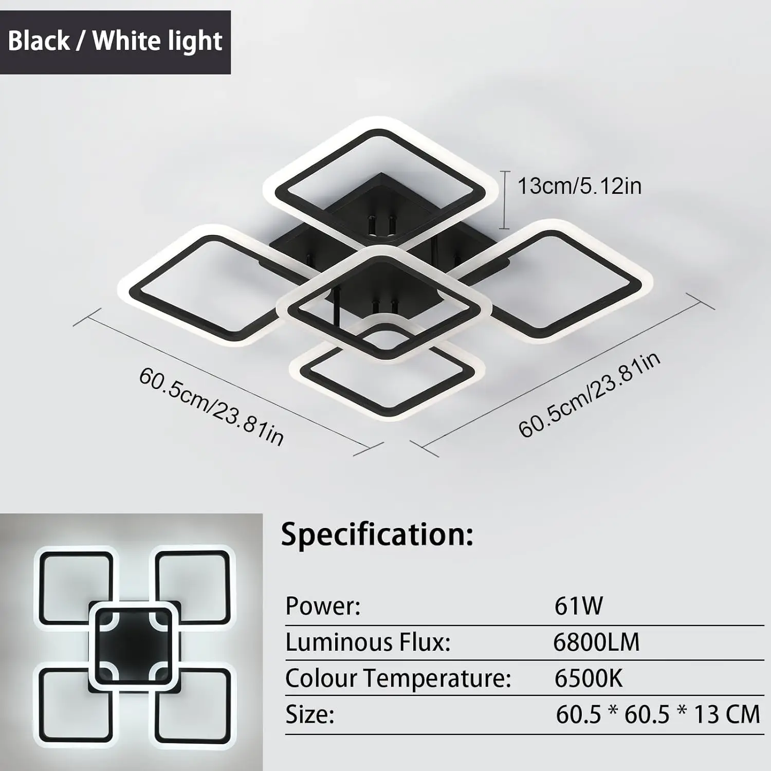 LED Ceiling Adjustable Ceiling Light, Black Square Ceiling Lamp Cold White 6500K Memory Function for Living Room Bedroom Dinning