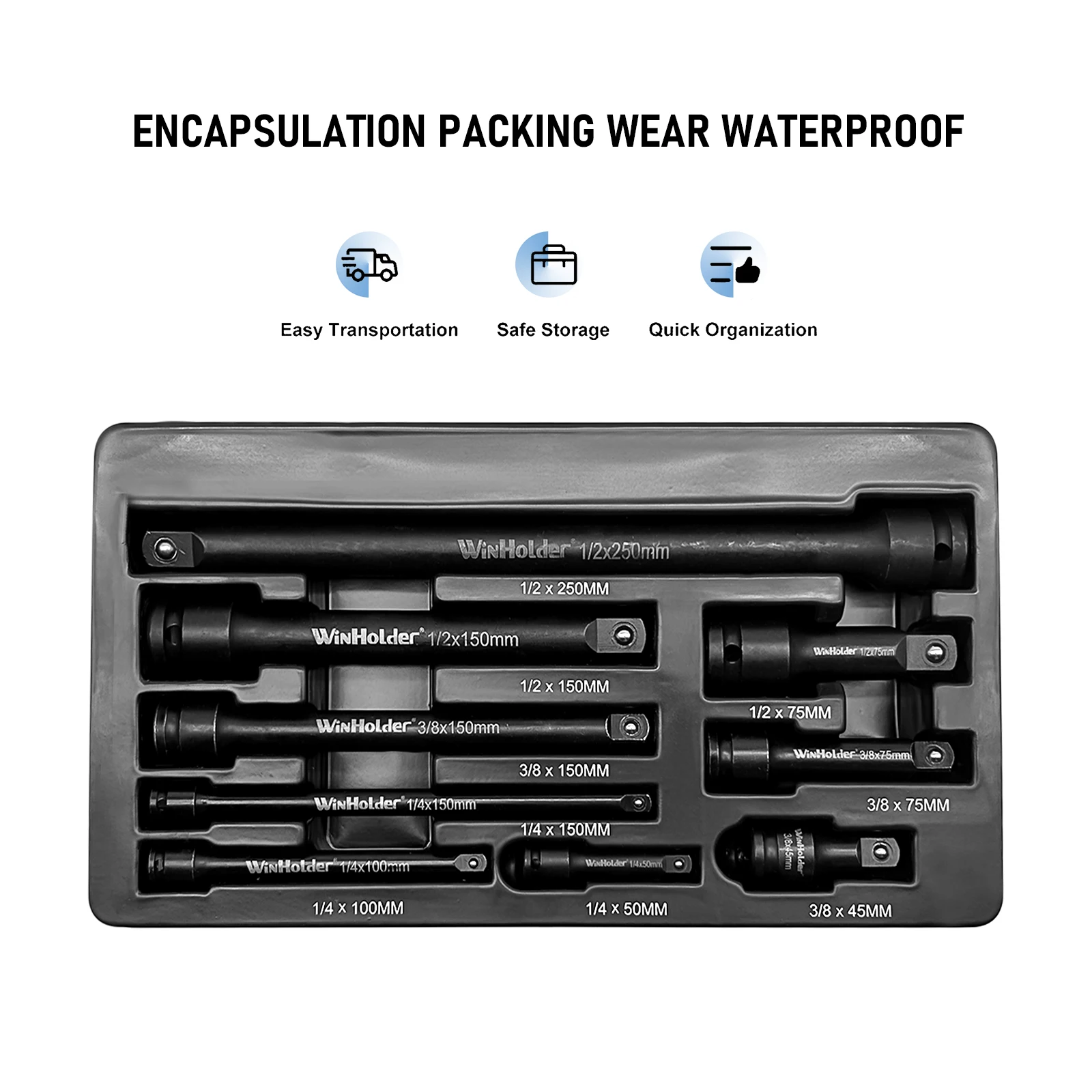 Winholder 9PCS Impact Extension Bar Set 1/2" 3/8" 1/4" Drive Long Reach Extension Bar Set Workshop Tool