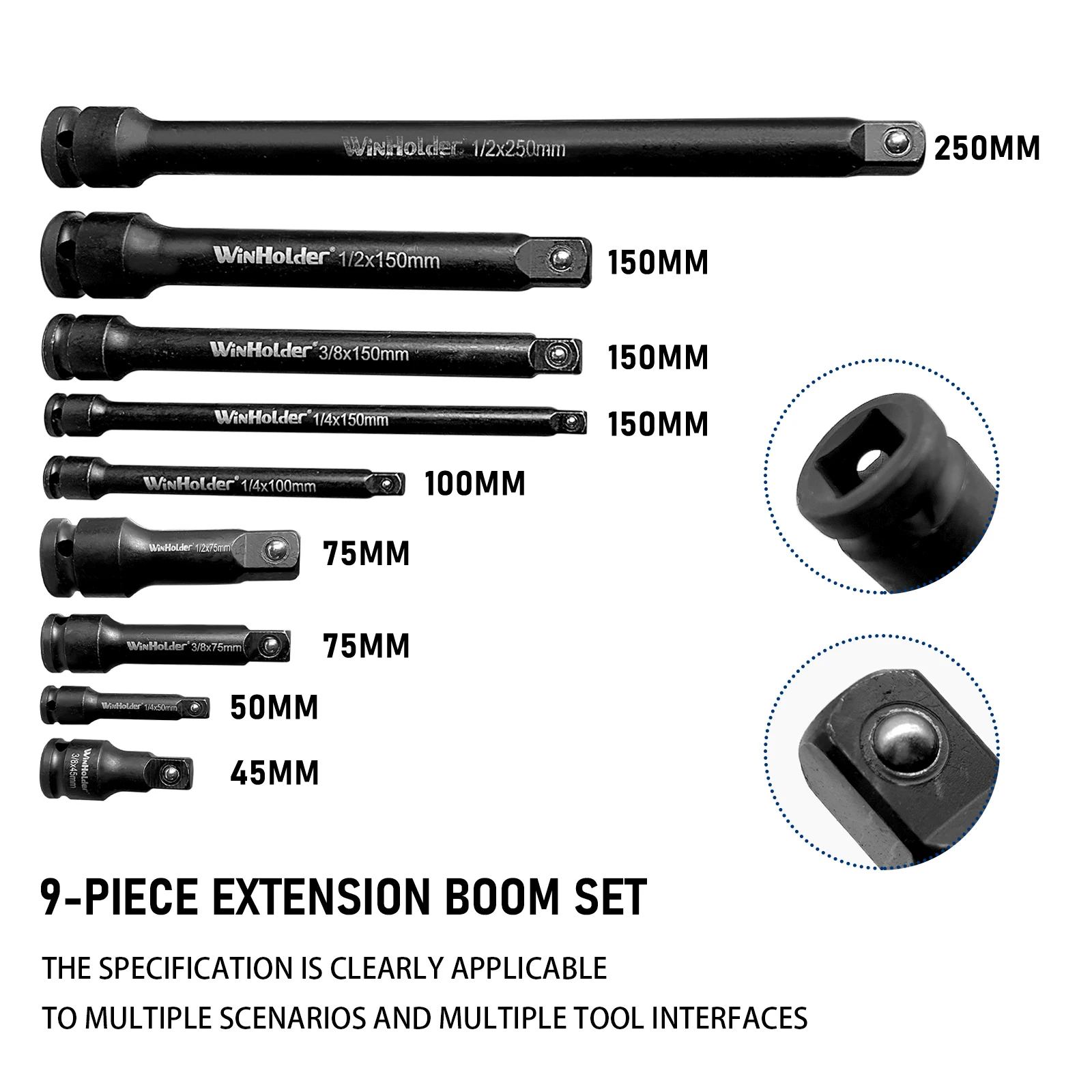 Winholder 9PCS Impact Extension Bar Set 1/2" 3/8" 1/4" Drive Long Reach Extension Bar Set Workshop Tool