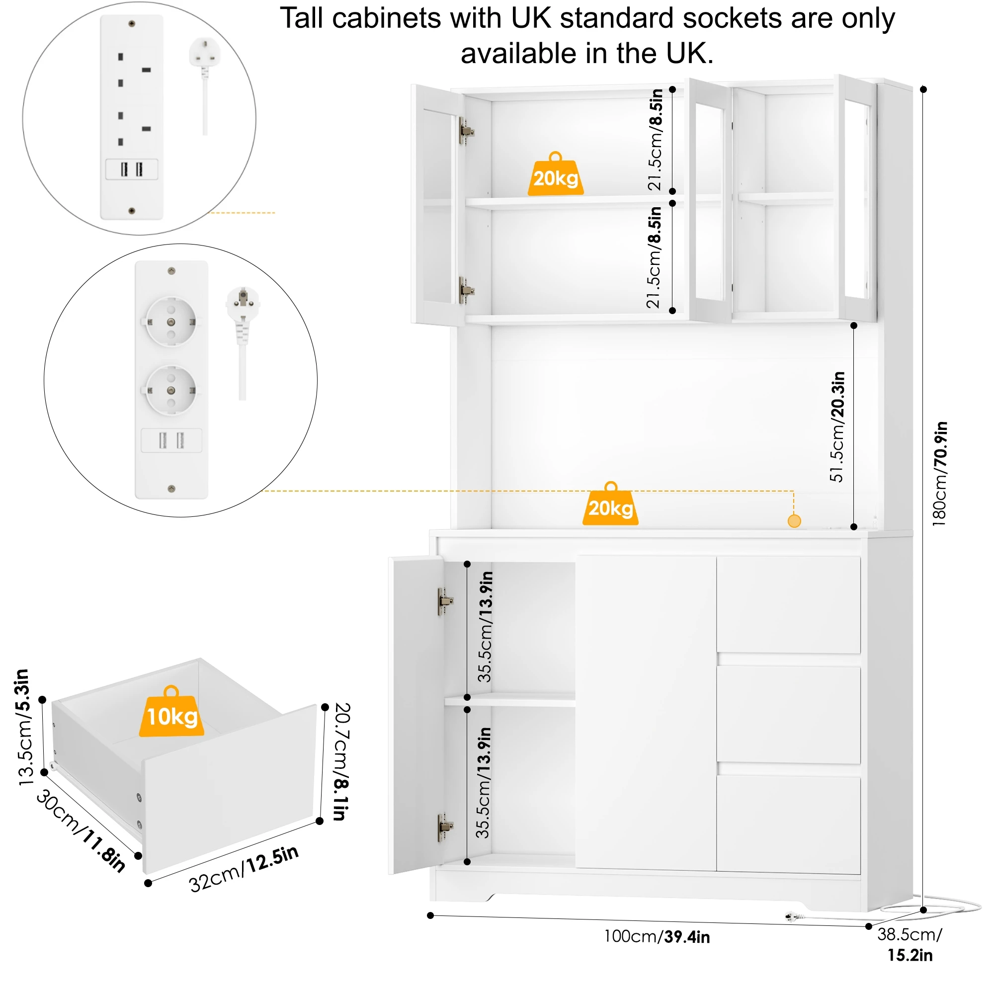 Getone Kitchen Buffet with Led, Kitchen Wardrobe Buffet Wardrobe with 3 Drawer Sockets Bar Adjustable Shelf 100X38.5X180Cm