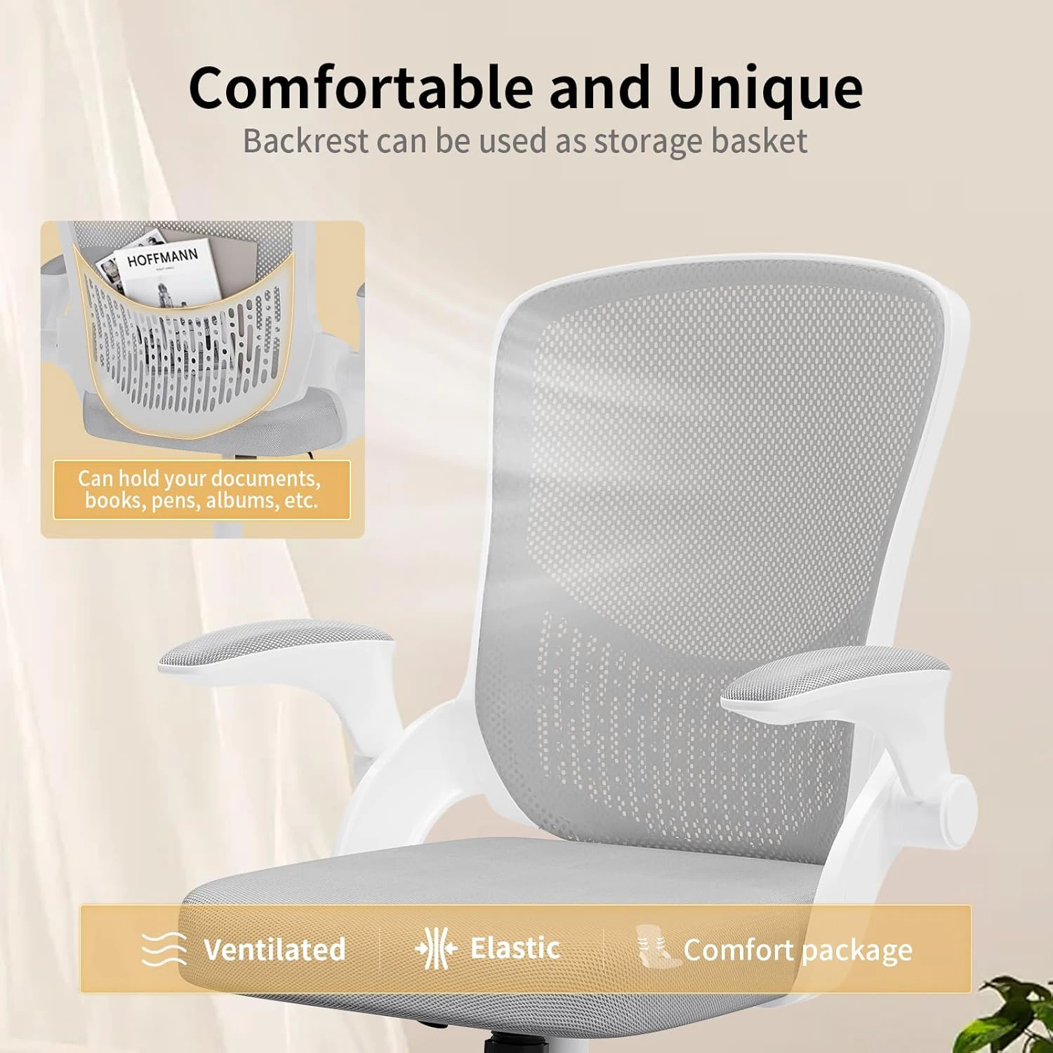 Office Chair Ergonomic Desk Chair 90° Flip-up Armrest Lumbar Support Height Adjustable Computer Chair for Home Office
