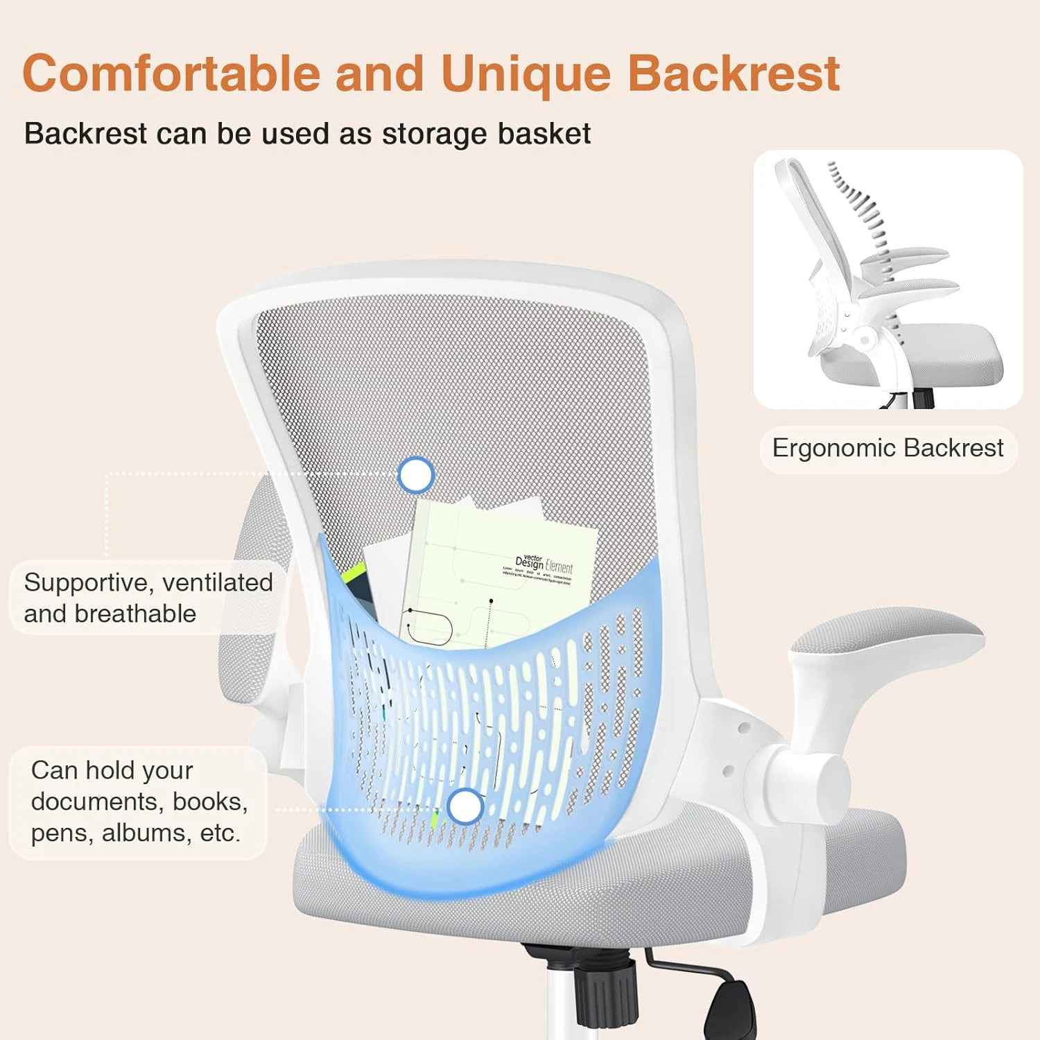 Office Chair Ergonomic Desk Chair 90° Flip-up Armrest Lumbar Support Height Adjustable Computer Chair for Home Office