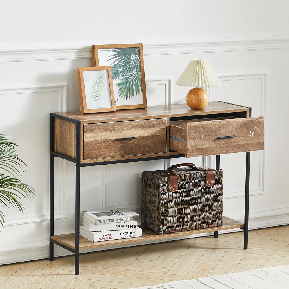 【Breeins】Rustic Console Table Metal Frame for Hallway with Drawers