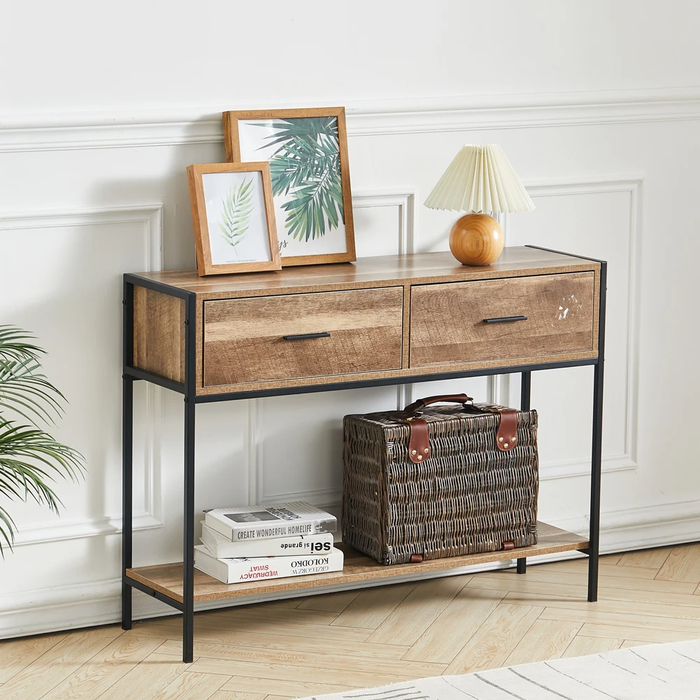 【Breeins】Rustic Console Table Metal Frame for Hallway with Drawers