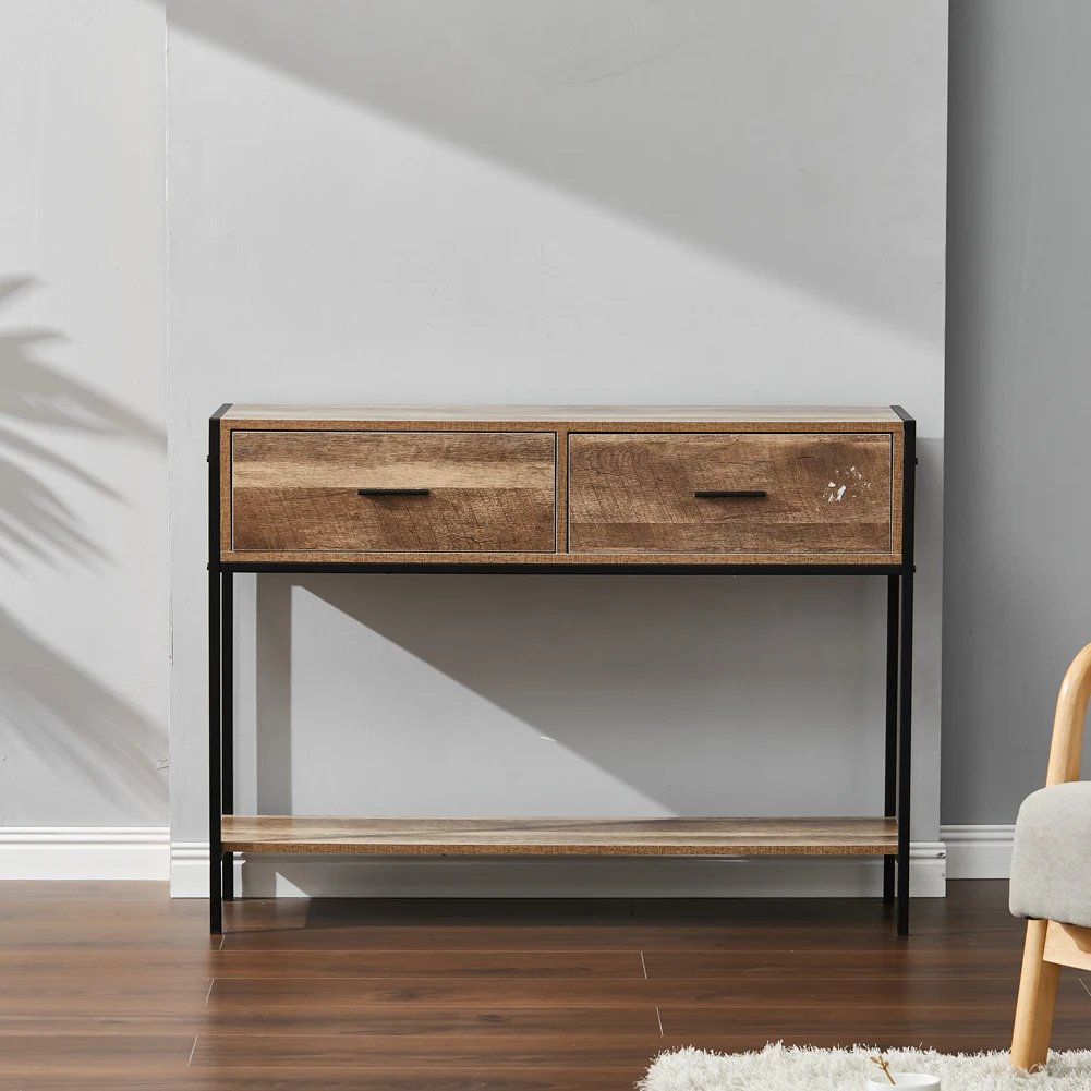 【Breeins】Rustic Console Table Metal Frame for Hallway with Drawers