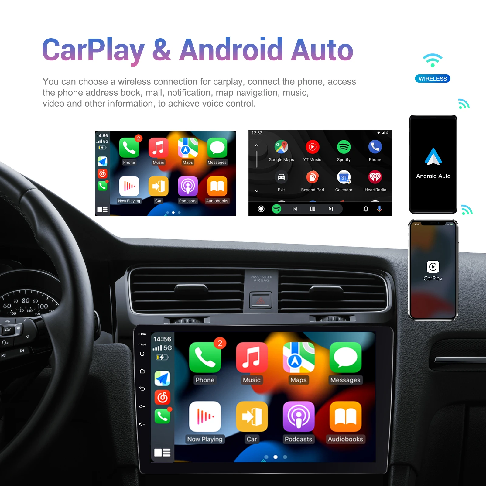 Podofo 9Inch 2 DIN Car Stereo Radio Wirless Carplay Android Auto Car Stereo Bluetooth 64G GPS Navigation RDS WiFi USB FM DAB