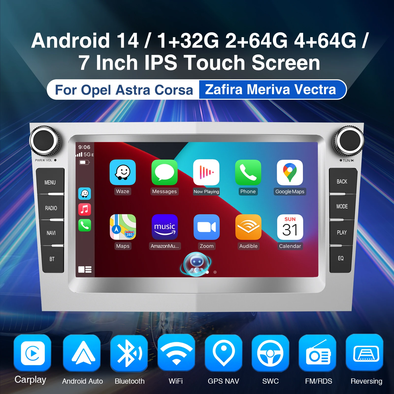 ESSGOO Android 14 4+64G CarPlay Car Stereo Radio For Opel/Vauxhall Astra G H Corsa C D Vectra Android Auto GPS NAV DAB+ Silver