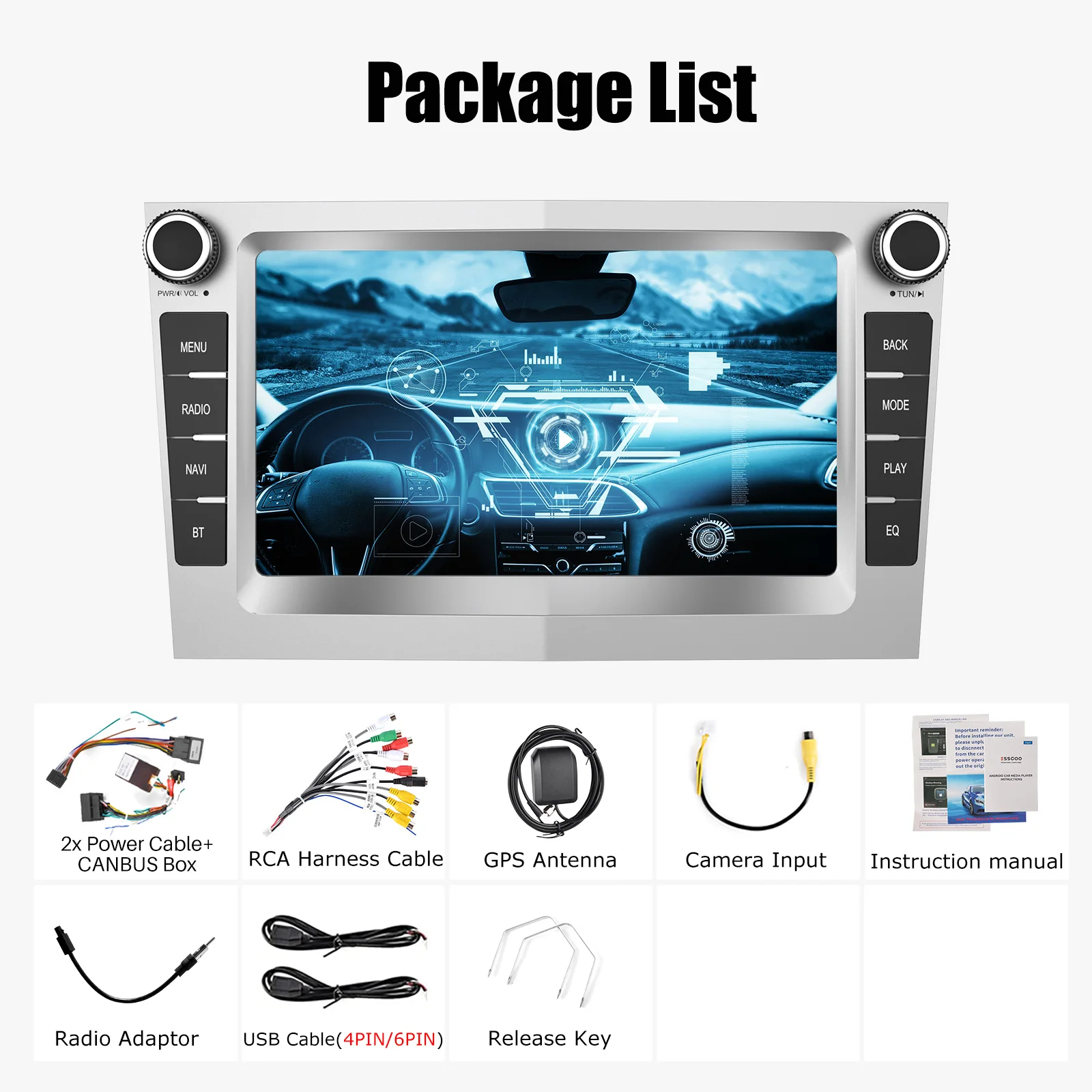 ESSGOO Android 14 4+64G CarPlay Car Stereo Radio For Opel/Vauxhall Astra G H Corsa C D Vectra Android Auto GPS NAV DAB+ Silver