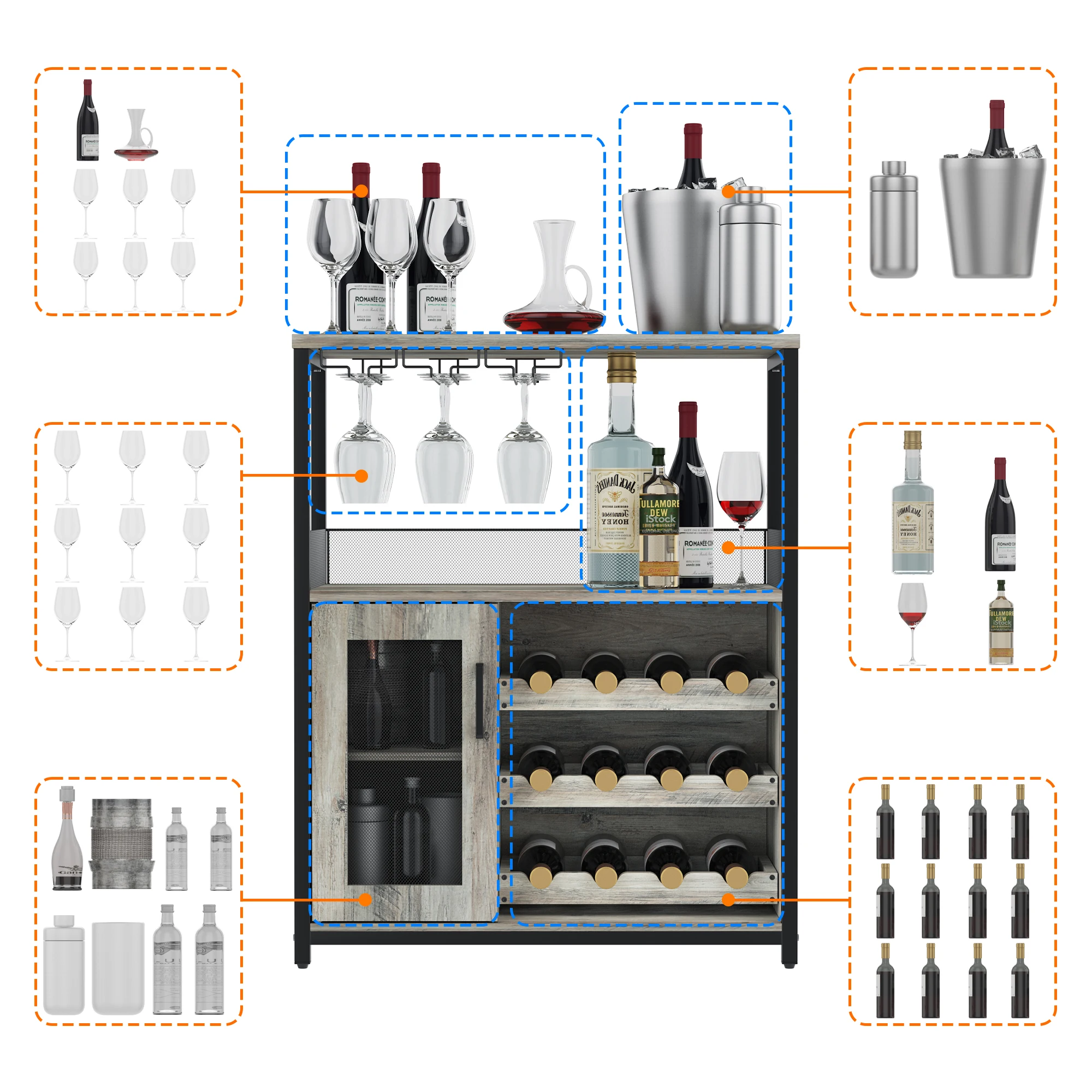 36 Inch Modern Wine Bar Cabinet - Removable Wood Wine Racks & Display Drawer | Wrought Iron Mesh Door + Glass Holder for Liquor
