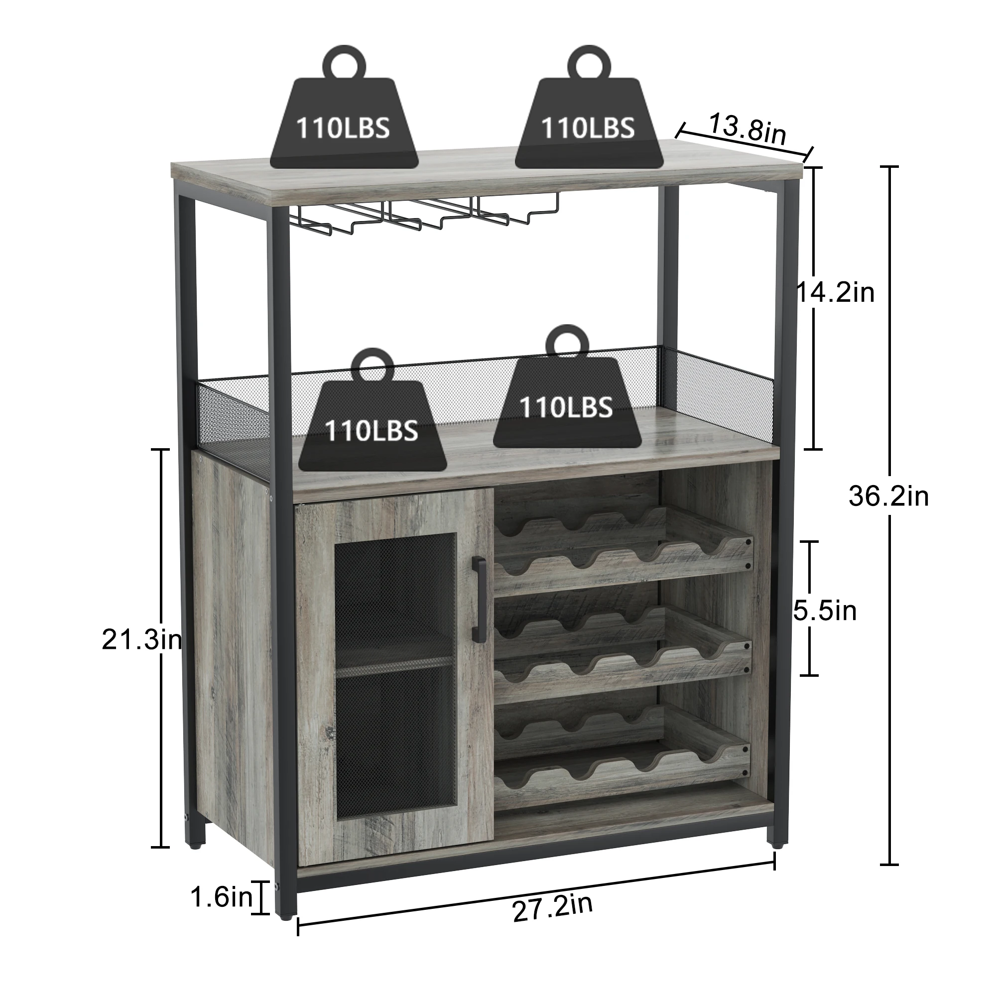 36 Inch Modern Wine Bar Cabinet - Removable Wood Wine Racks & Display Drawer | Wrought Iron Mesh Door + Glass Holder for Liquor