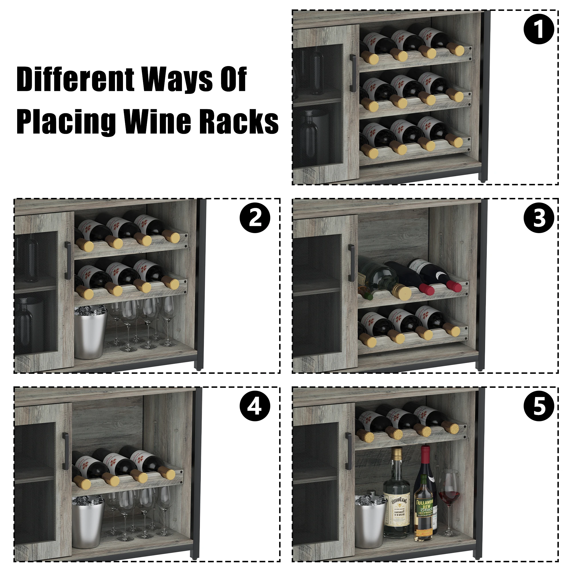 36 Inch Modern Wine Bar Cabinet - Removable Wood Wine Racks & Display Drawer | Wrought Iron Mesh Door + Glass Holder for Liquor