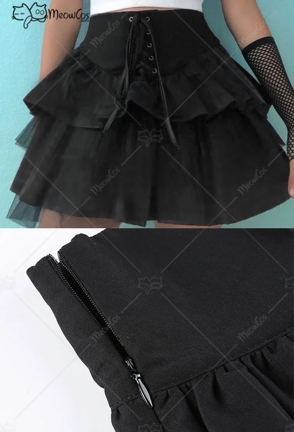 Clearance Price MEOWCOS Women Gothic Mesh Spliced Cake Skirt Dark Style Black Polyester Tie-Front Ruffled Skirt