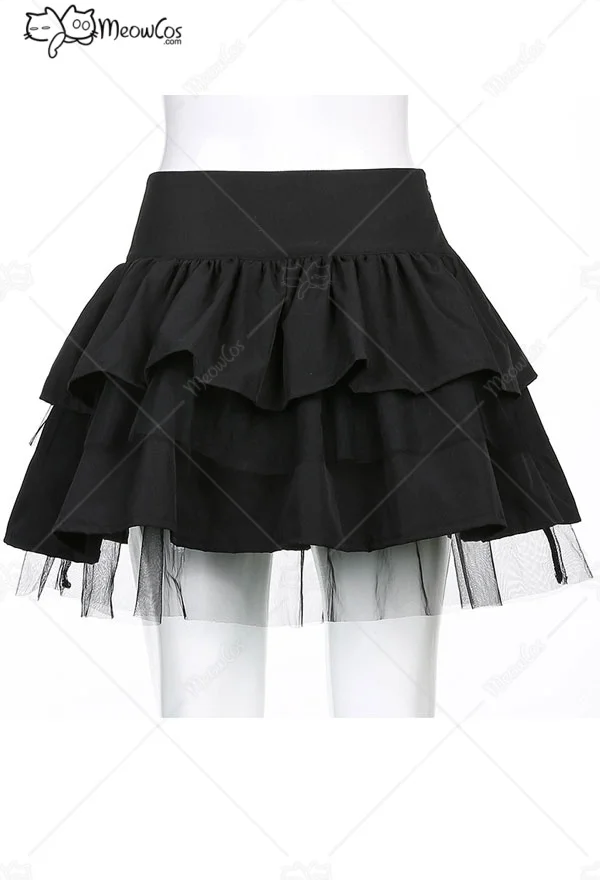 Clearance Price MEOWCOS Women Gothic Mesh Spliced Cake Skirt Dark Style Black Polyester Tie-Front Ruffled Skirt