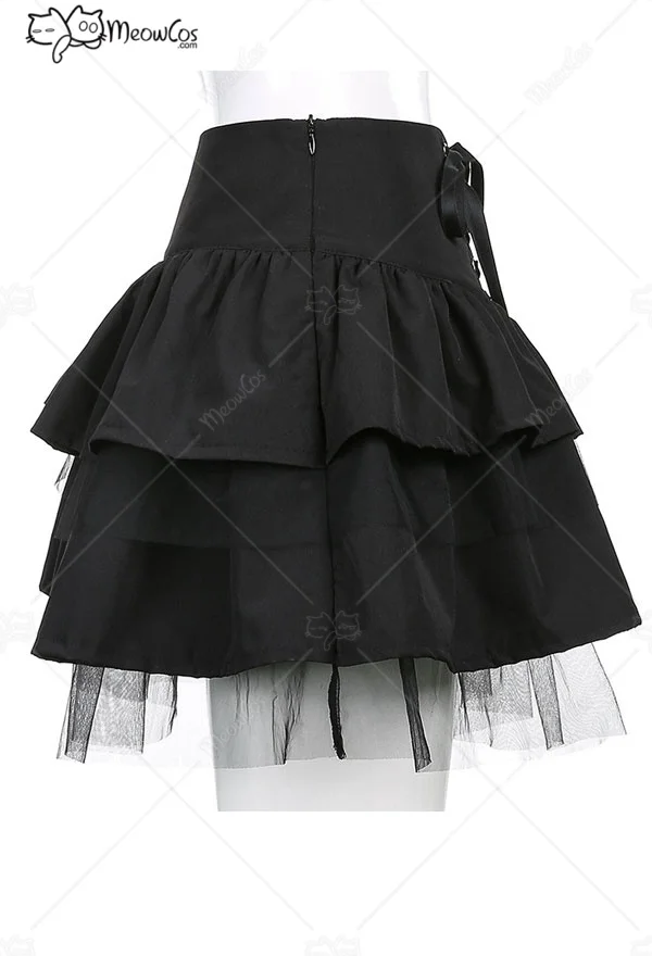 Clearance Price MEOWCOS Women Gothic Mesh Spliced Cake Skirt Dark Style Black Polyester Tie-Front Ruffled Skirt