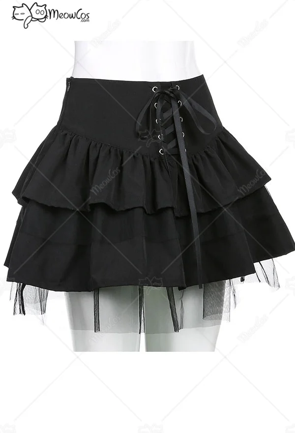 Clearance Price MEOWCOS Women Gothic Mesh Spliced Cake Skirt Dark Style Black Polyester Tie-Front Ruffled Skirt