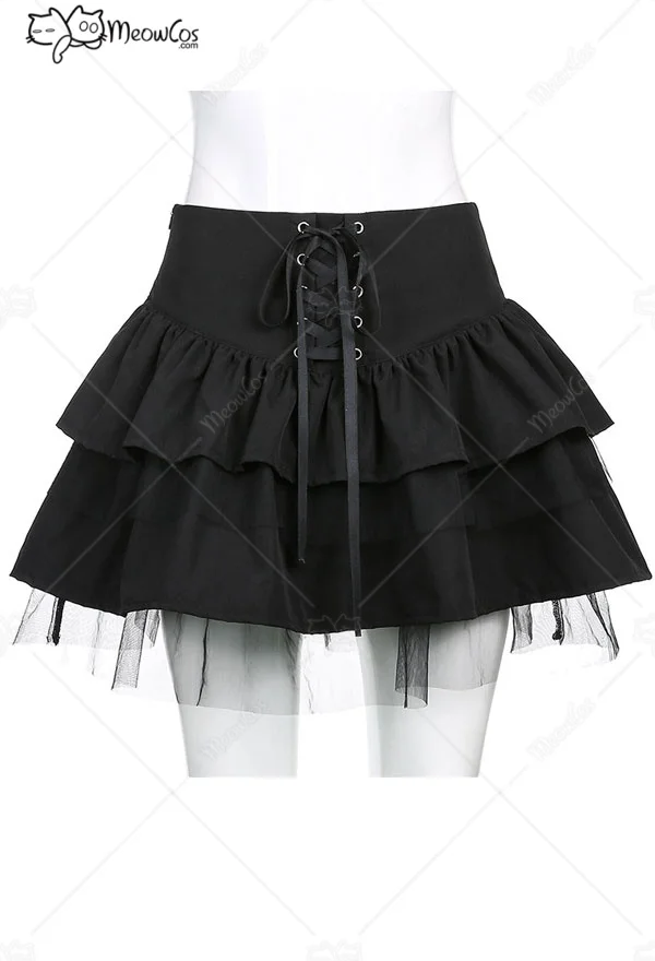 Clearance Price MEOWCOS Women Gothic Mesh Spliced Cake Skirt Dark Style Black Polyester Tie-Front Ruffled Skirt