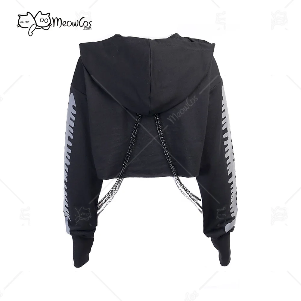 Clearance Price MEOWCOS Women Crop Top Punk Gothic Clothes Long Sleeve Hoodies with Chain Fish Bone Print Reflective Hoodies