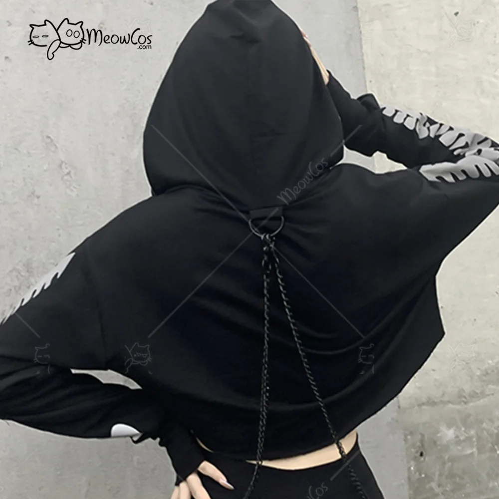 Clearance Price MEOWCOS Women Crop Top Punk Gothic Clothes Long Sleeve Hoodies with Chain Fish Bone Print Reflective Hoodies