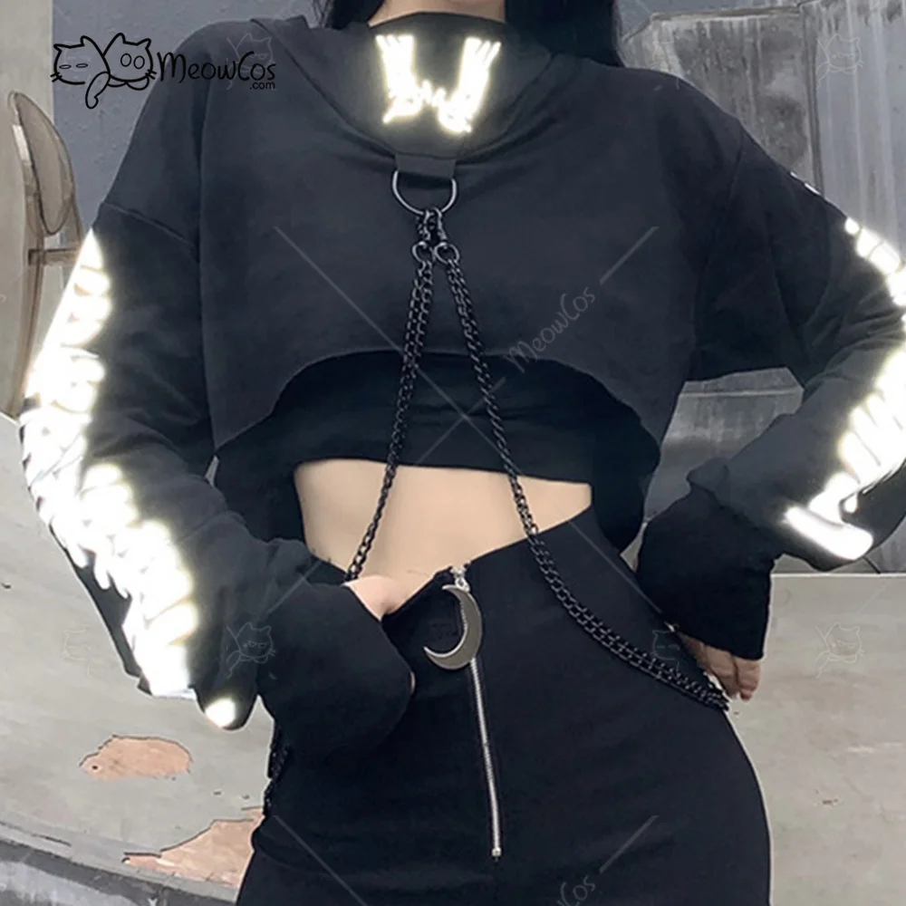 Clearance Price MEOWCOS Women Crop Top Punk Gothic Clothes Long Sleeve Hoodies with Chain Fish Bone Print Reflective Hoodies