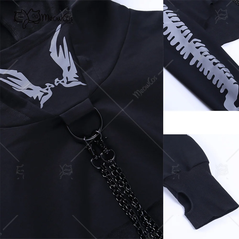 Clearance Price MEOWCOS Women Crop Top Punk Gothic Clothes Long Sleeve Hoodies with Chain Fish Bone Print Reflective Hoodies