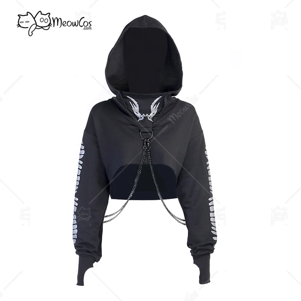 Clearance Price MEOWCOS Women Crop Top Punk Gothic Clothes Long Sleeve Hoodies with Chain Fish Bone Print Reflective Hoodies