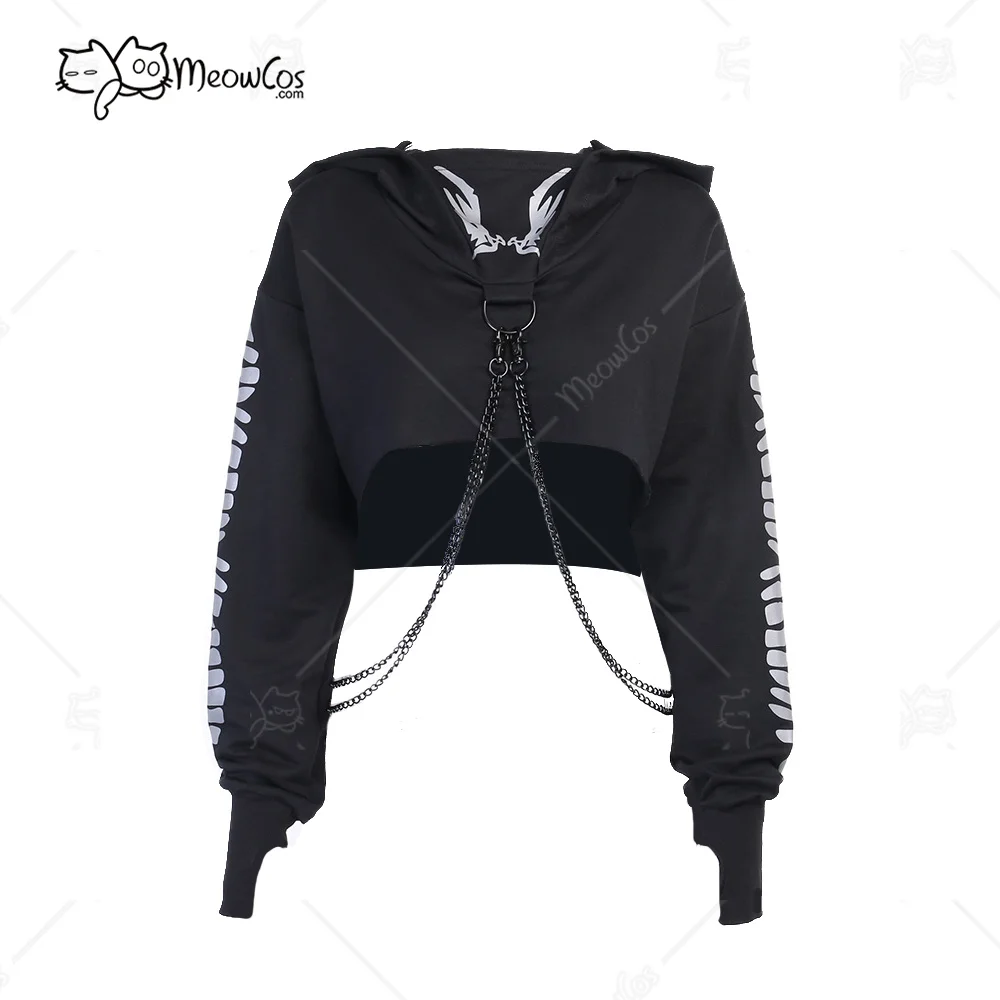 Clearance Price MEOWCOS Women Crop Top Punk Gothic Clothes Long Sleeve Hoodies with Chain Fish Bone Print Reflective Hoodies