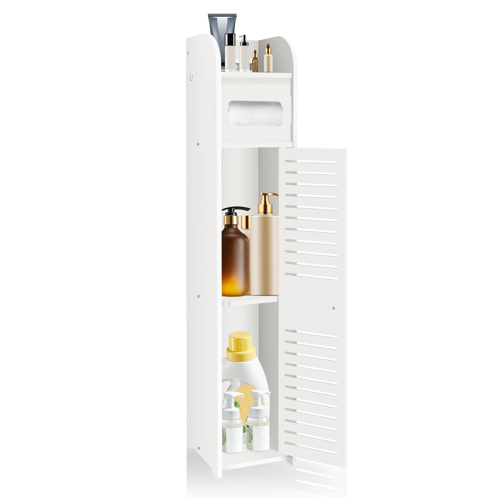 Bathroom Cabinet Unit with Door and Toilet Paper Holder, PVC Material, Slim, Floor Standing, Easy to Assemble, 80x15x17cm