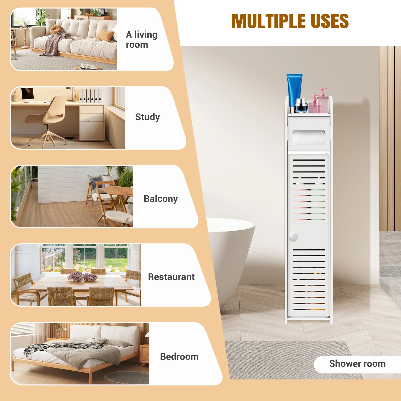 Bathroom Cabinet Unit with Door and Toilet Paper Holder, PVC Material, Slim, Floor Standing, Easy to Assemble, 80x15x17cm