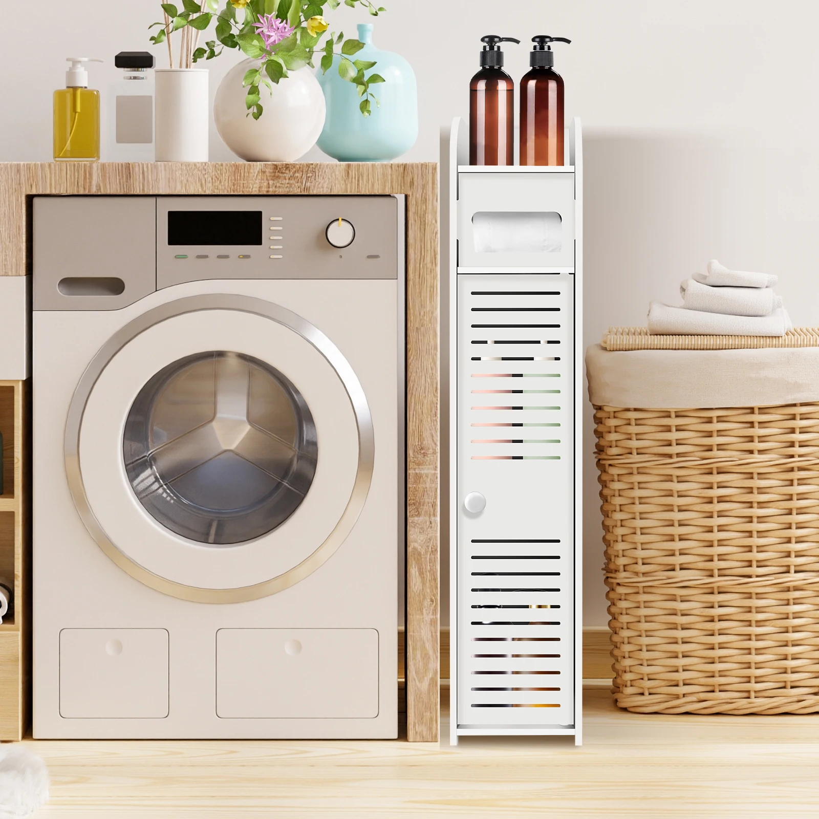 Bathroom Cabinet Unit with Door and Toilet Paper Holder, PVC Material, Slim, Floor Standing, Easy to Assemble, 80x15x17cm