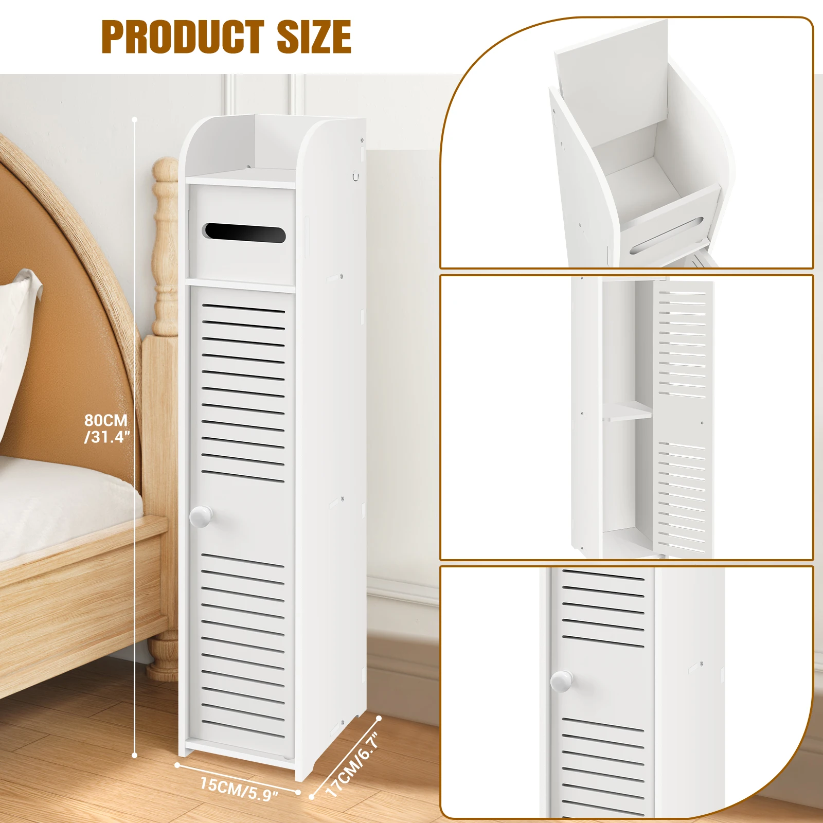 Bathroom Cabinet Unit with Door and Toilet Paper Holder, PVC Material, Slim, Floor Standing, Easy to Assemble, 80x15x17cm