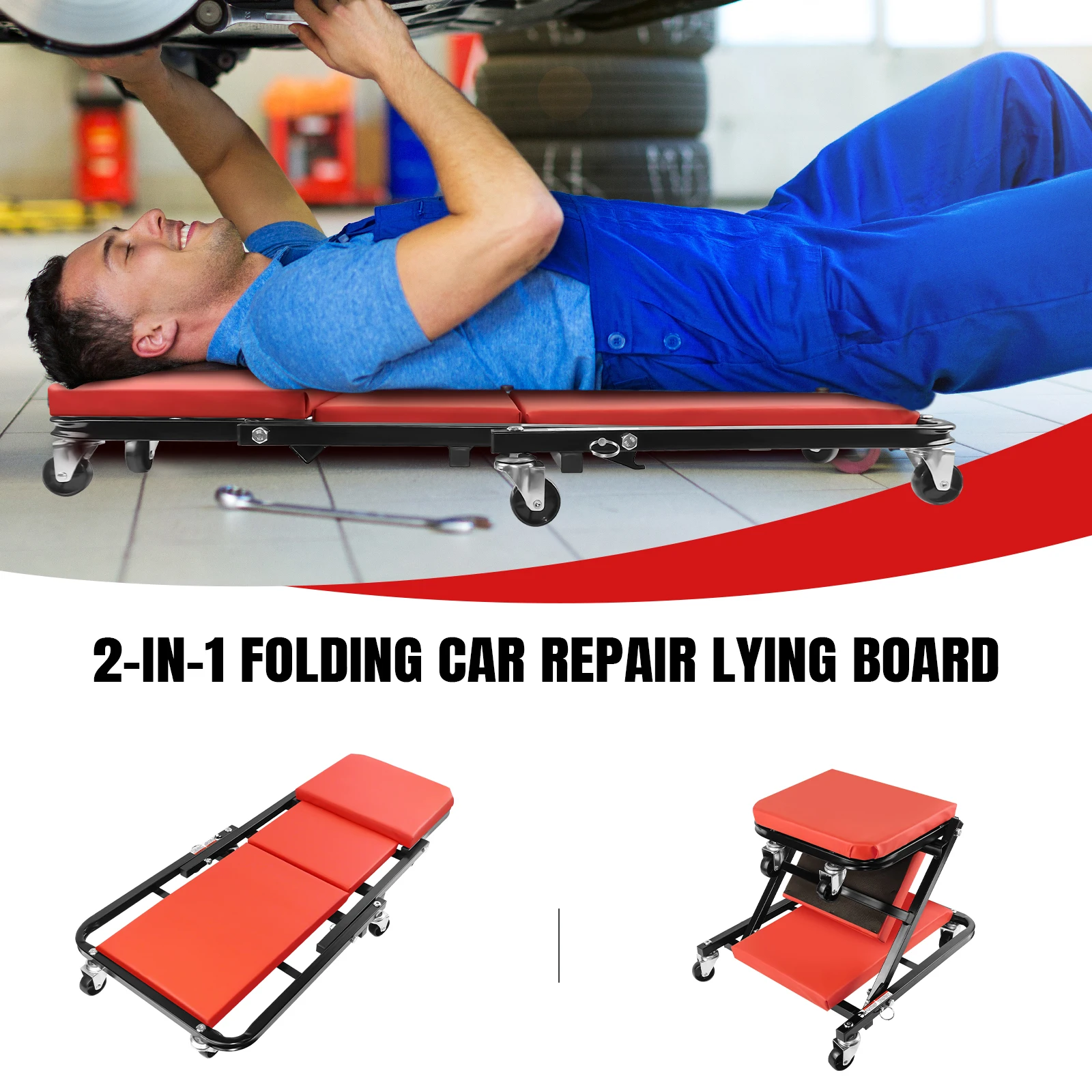 2 in 1 Creeper Seat,Lay Down or Sit Stable,Folding Mechanics Car Creeper with 6 Rotatable Rolling Wheels for Under Car Repair