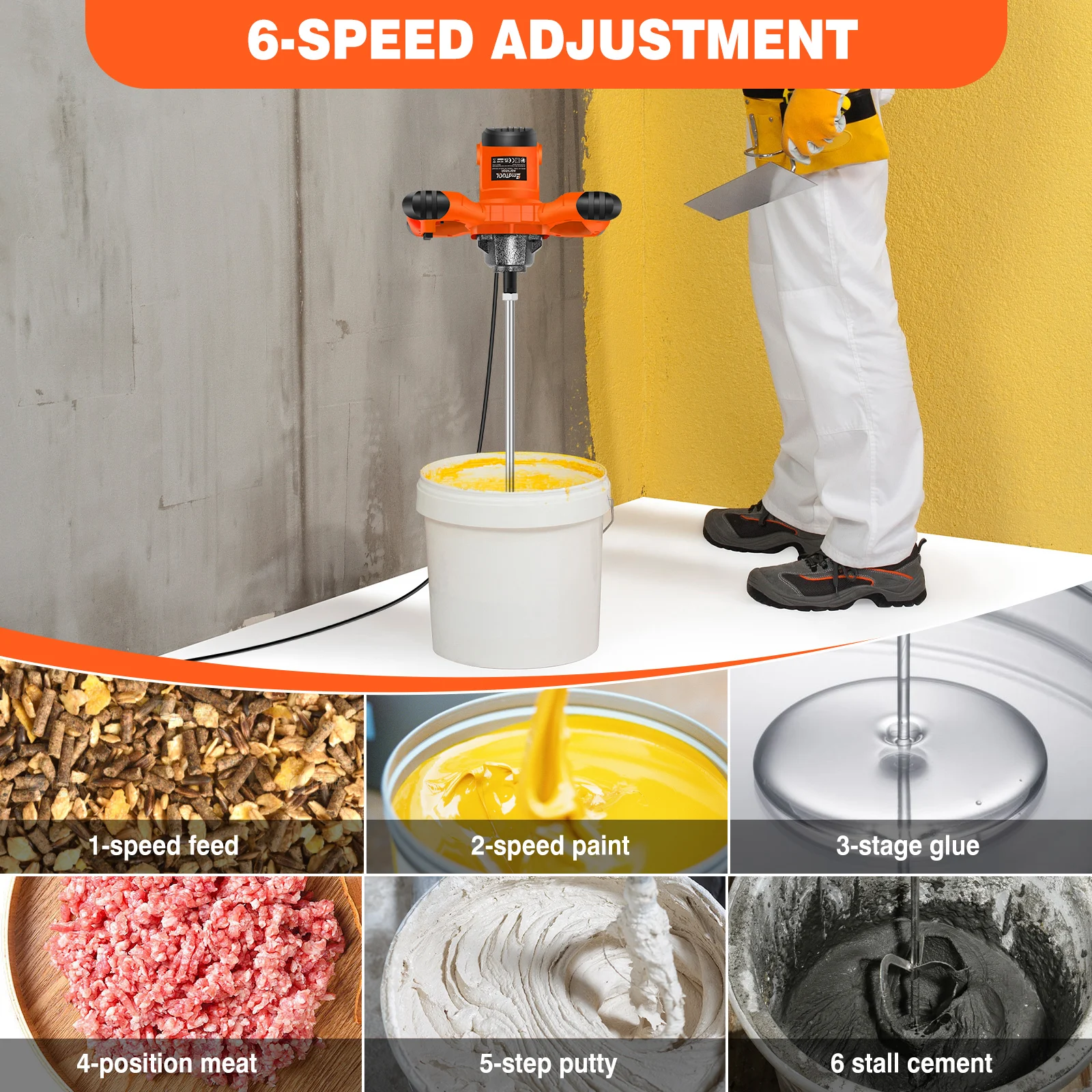 BRIEFNESS Cement Mixer Paddle Mixer, 6 Variable Speed Paint Mixer Plastering Tools, 1700 U/Min Plaster Mixer,1.5M Long Cable
