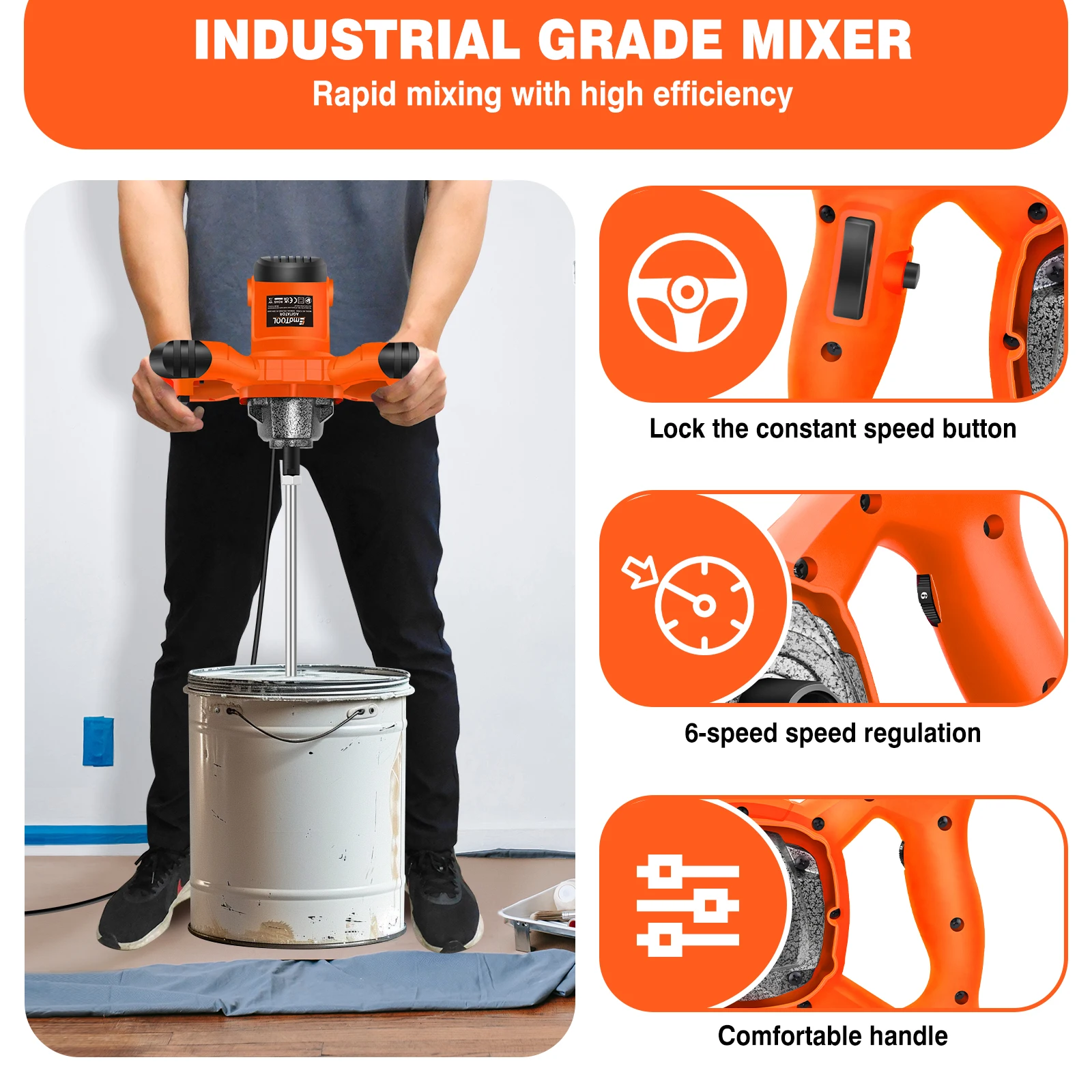 BRIEFNESS Cement Mixer Paddle Mixer, 6 Variable Speed Paint Mixer Plastering Tools, 1700 U/Min Plaster Mixer,1.5M Long Cable