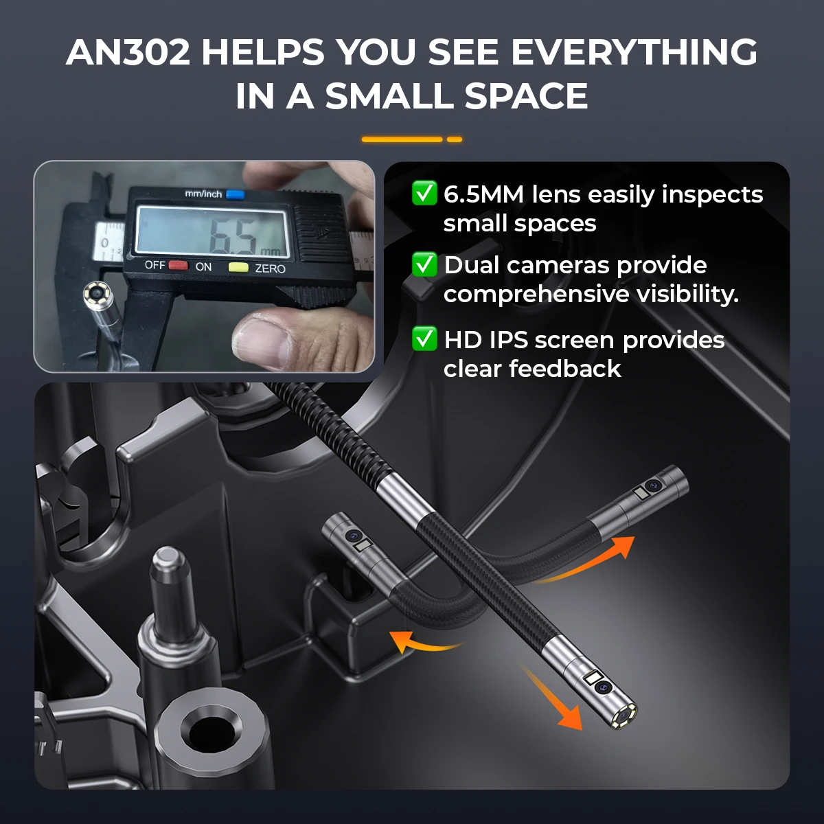 ANCEL AN302 Two-Way Articulating Borescope IP67 6.5MM Dual Lens Endoscope Inspection Camera 7 LED Lights Car Inspection Tools